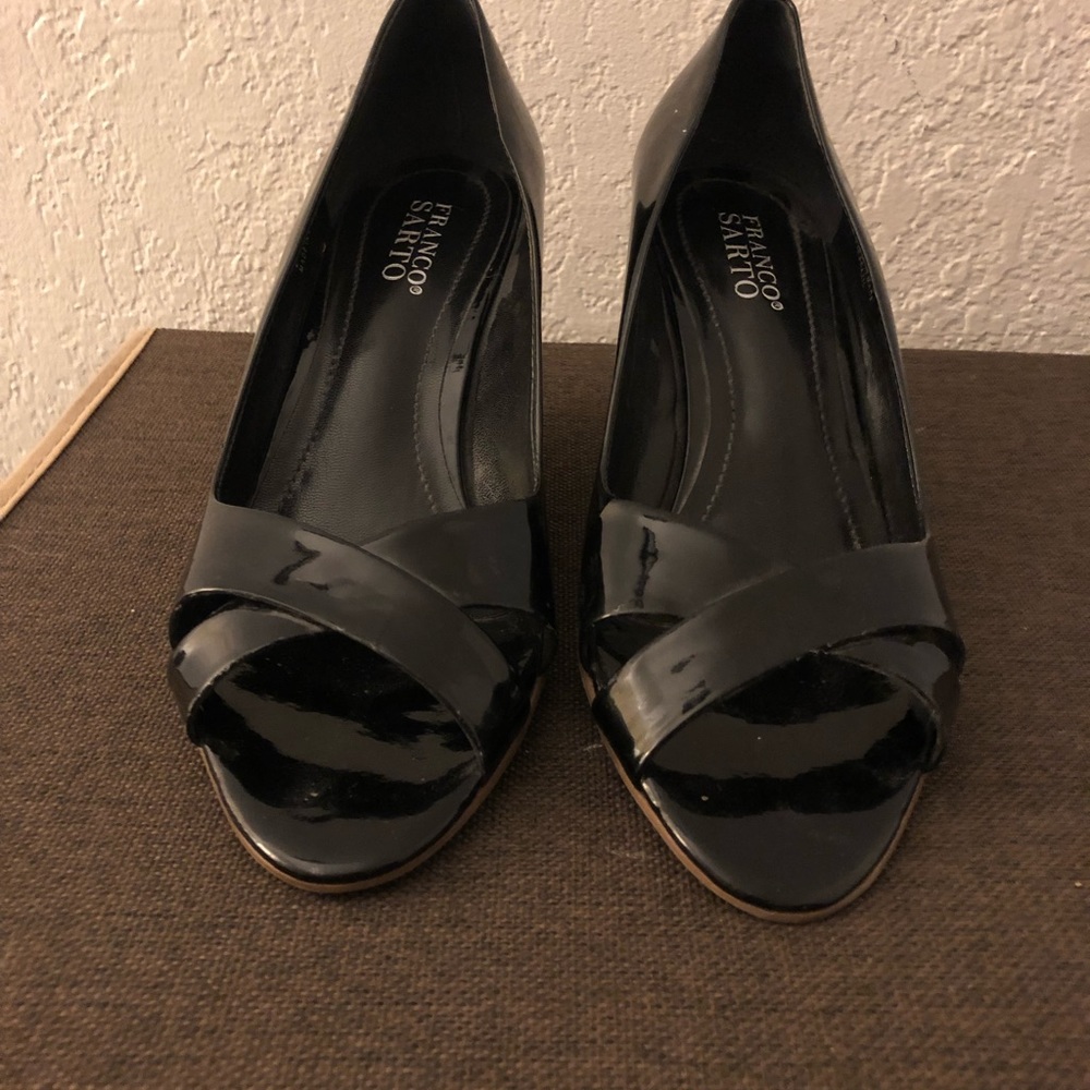 Black Patent Leather Peep Toe Wedge